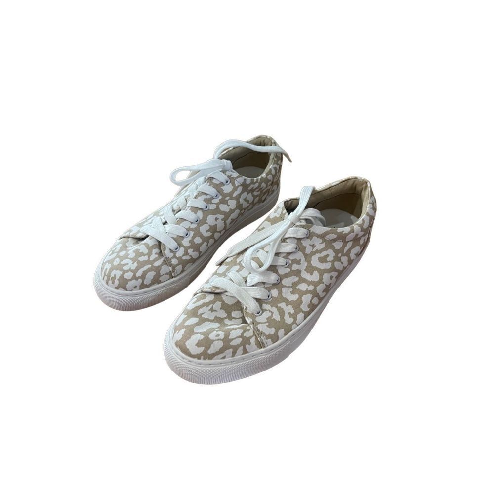 J Crew Womens Tan White Lace Up Leopard Low Top Sneakers Tennis Shoes Size 8.5